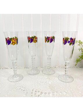 Vintage CERVE DeValbor Set of 4 Fruit Design Glass Champagne Flutes Ball Stem